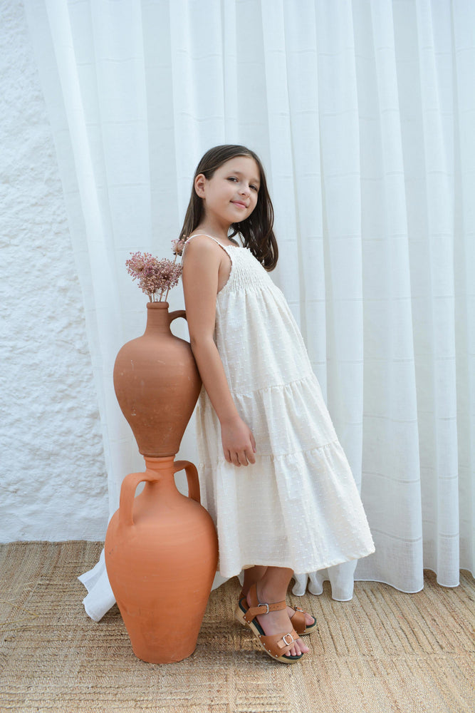 Girls Maxi Dress, Ege pompom Beige - KOKORI Kids